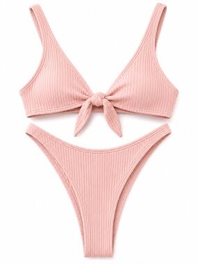 Vitamin A Lou Bikini Set Ballet Pink Ribbed Tie Front XS S